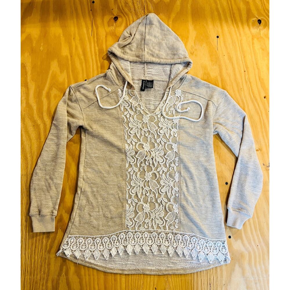 VTG No Comment Womens L Lace Hoodie‎ Boho Romantic Cottagecore Y2K Pullover Top